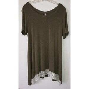 Zenana Signature Short Sleeve Long Top XL Olive with Cream Lace Trim Cottagecore